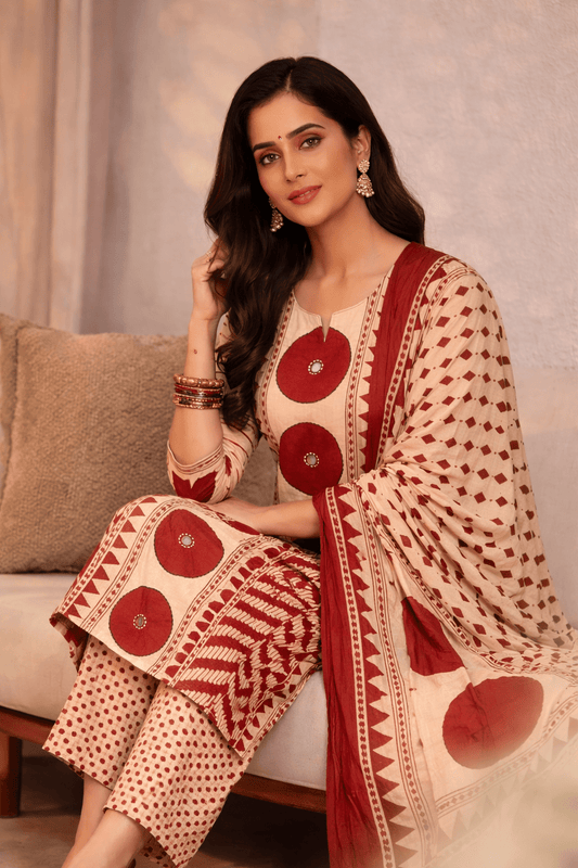 Beige & Maroon Ethnic Printed Kurta Palazzo Set with Dupatta (SWDH28) - SortedMart