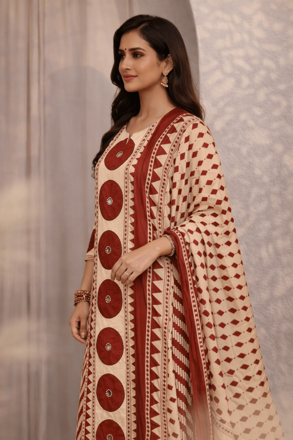 Beige & Maroon Ethnic Printed Kurta Palazzo Set with Dupatta (SWDH28) - SortedMart