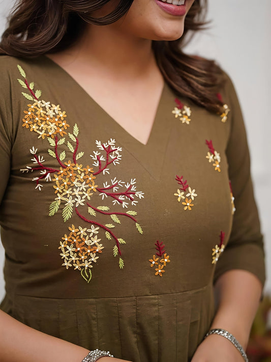 Elegant Olive Green Embroidered Anarkali Kurta Set with Printed Dupatta(SWSK47) - SortedMart