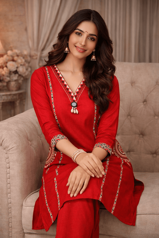 Red Printed & Embellished Kurta Set for Women (SWDH30) - SortedMart