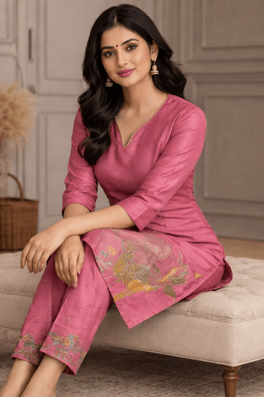 Rose Pink Elephant Motif Printed Kurta Pant Set (SWDH27) - SortedMart