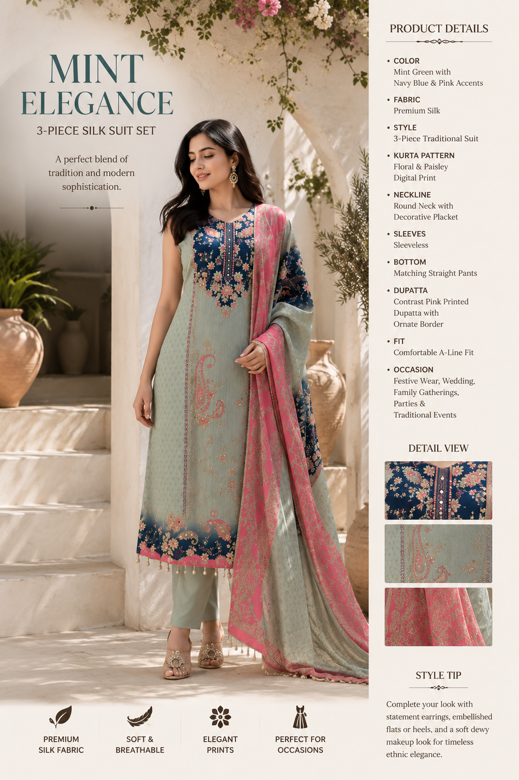 Women's Mint Green Floral Printed Straight Kurta Set with Contrast Pink Dupatta
