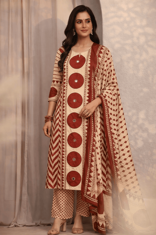 Beige & Maroon Ethnic Printed Kurta Palazzo Set with Dupatta (SWDH28) - SortedMart
