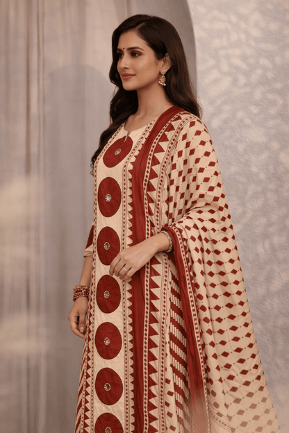 Beige & Maroon Ethnic Printed Kurta Palazzo Set with Dupatta (SWDH28) - SortedMart