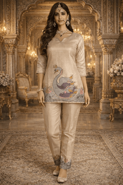 Beige Swan Motif Embroidered Kurta Set (SWDH19) - SortedMart