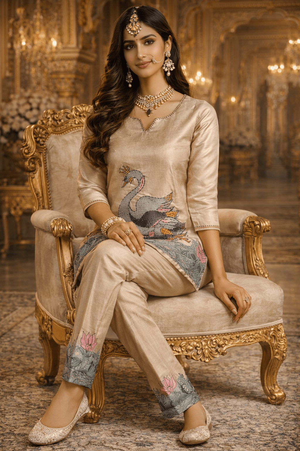 Beige Swan Motif Embroidered Kurta Set (SWDH19) - SortedMart