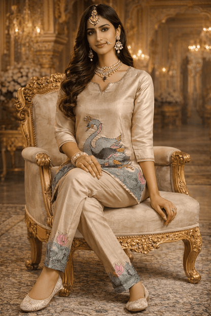 Beige Swan Motif Embroidered Kurta Set (SWDH19) - SortedMart
