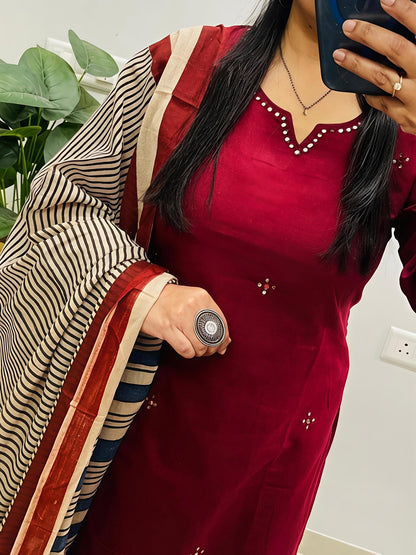Elegant Kurta Set with Handcrafted Striped Dupatta(SWSK46) - SortedMart