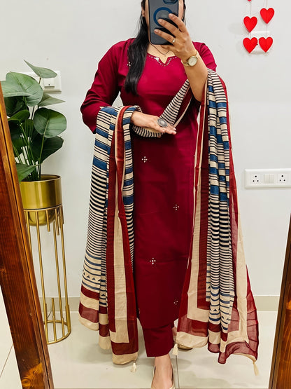 Elegant Kurta Set with Handcrafted Striped Dupatta(SWSK46) - SortedMart