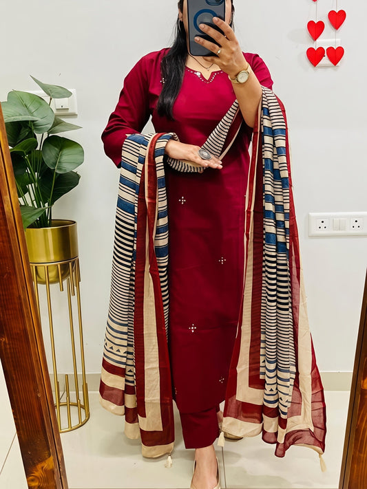 Elegant Kurta Set with Handcrafted Striped Dupatta(SWSK46) - SortedMart
