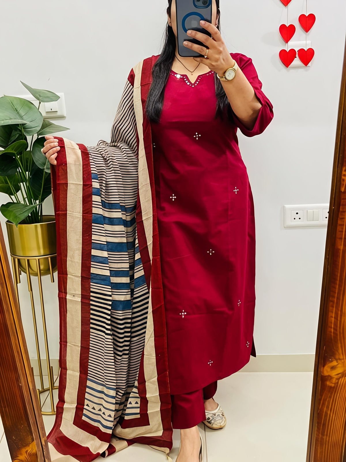 Elegant Kurta Set with Handcrafted Striped Dupatta(SWSK46) - SortedMart