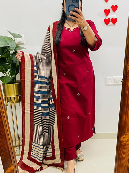 Elegant Kurta Set with Handcrafted Striped Dupatta(SWSK46) - SortedMart