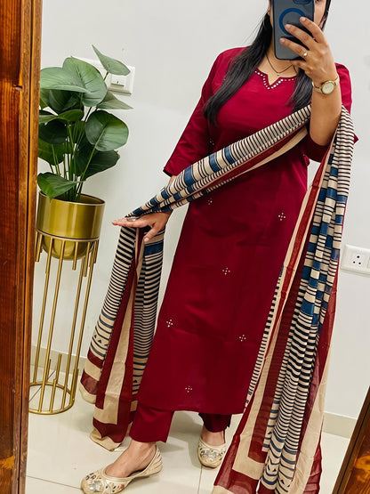 Elegant Kurta Set with Handcrafted Striped Dupatta(SWSK46) - SortedMart