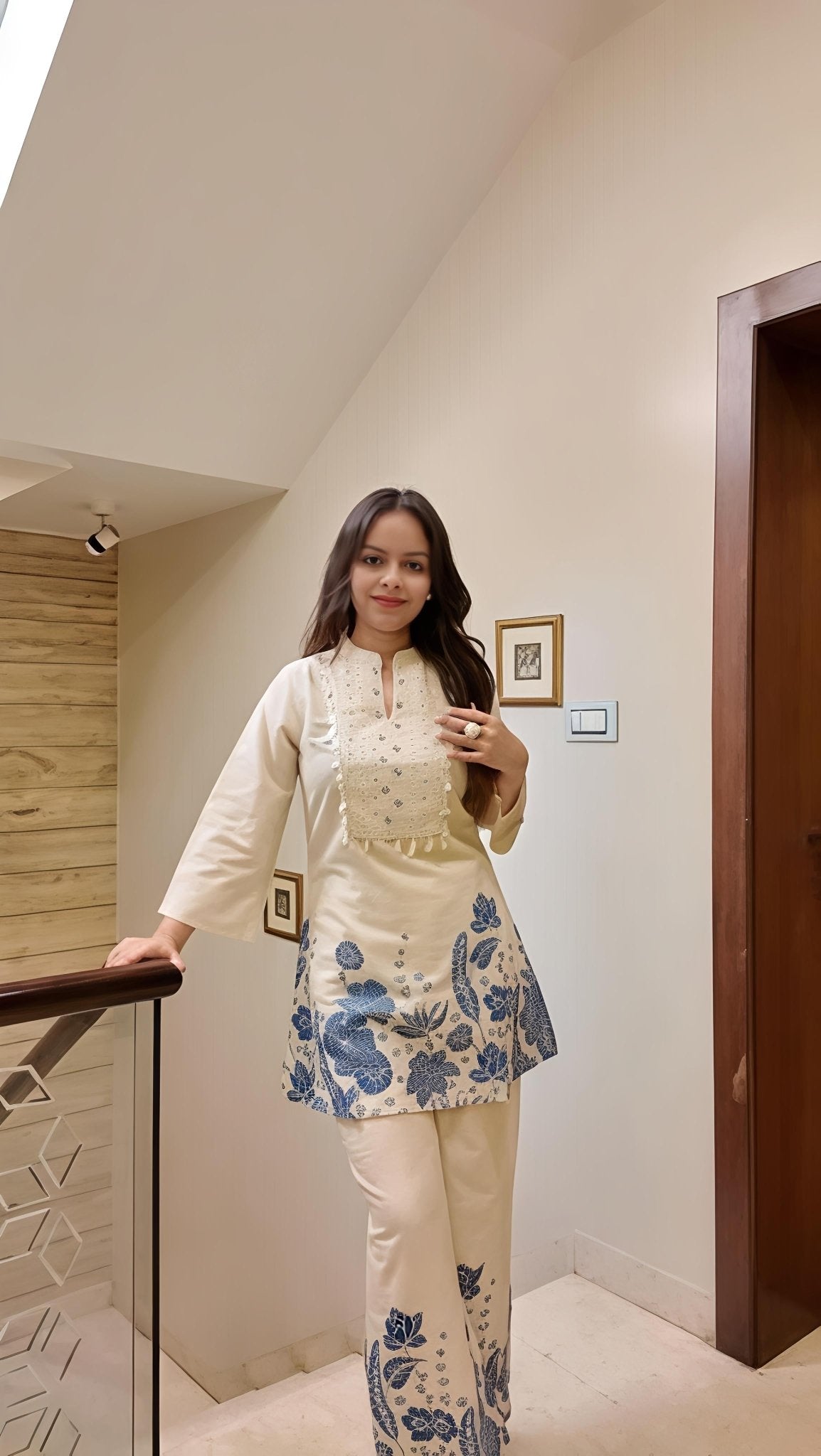 Elegant Off-White Printed Kurta Set with Wide-Leg Palazzo(SWSK48) - SortedMart