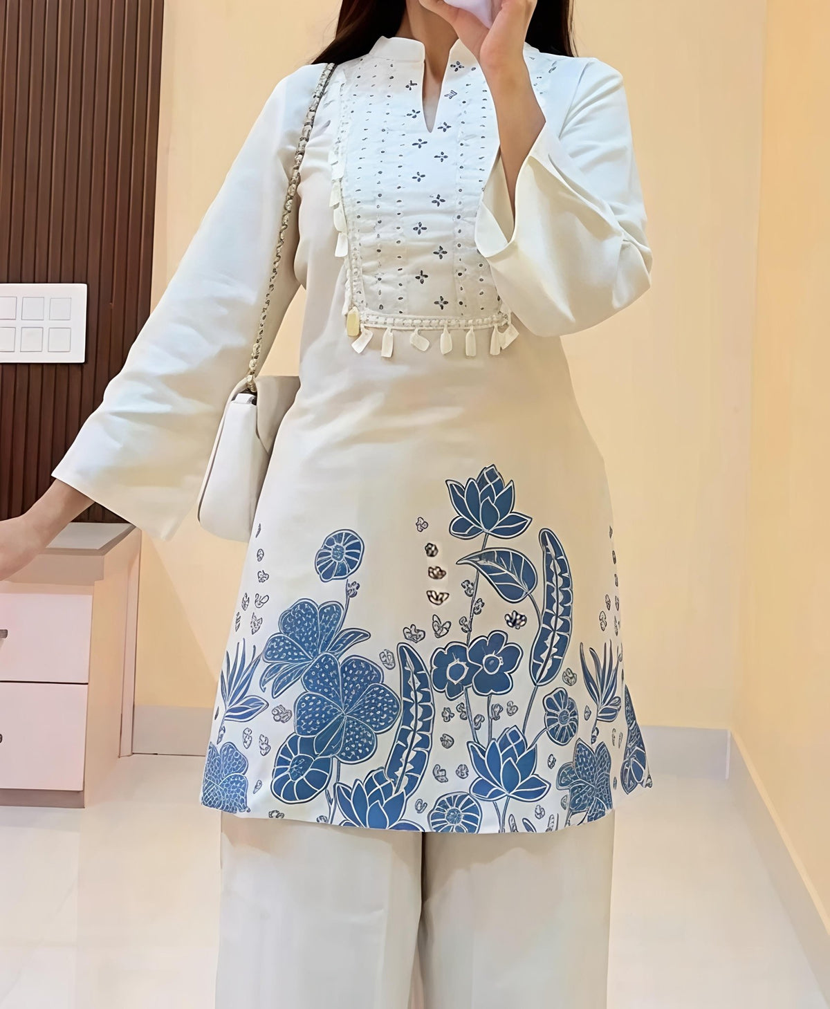 Elegant Off-White Printed Kurta Set with Wide-Leg Palazzo(SWSK48) - SortedMart