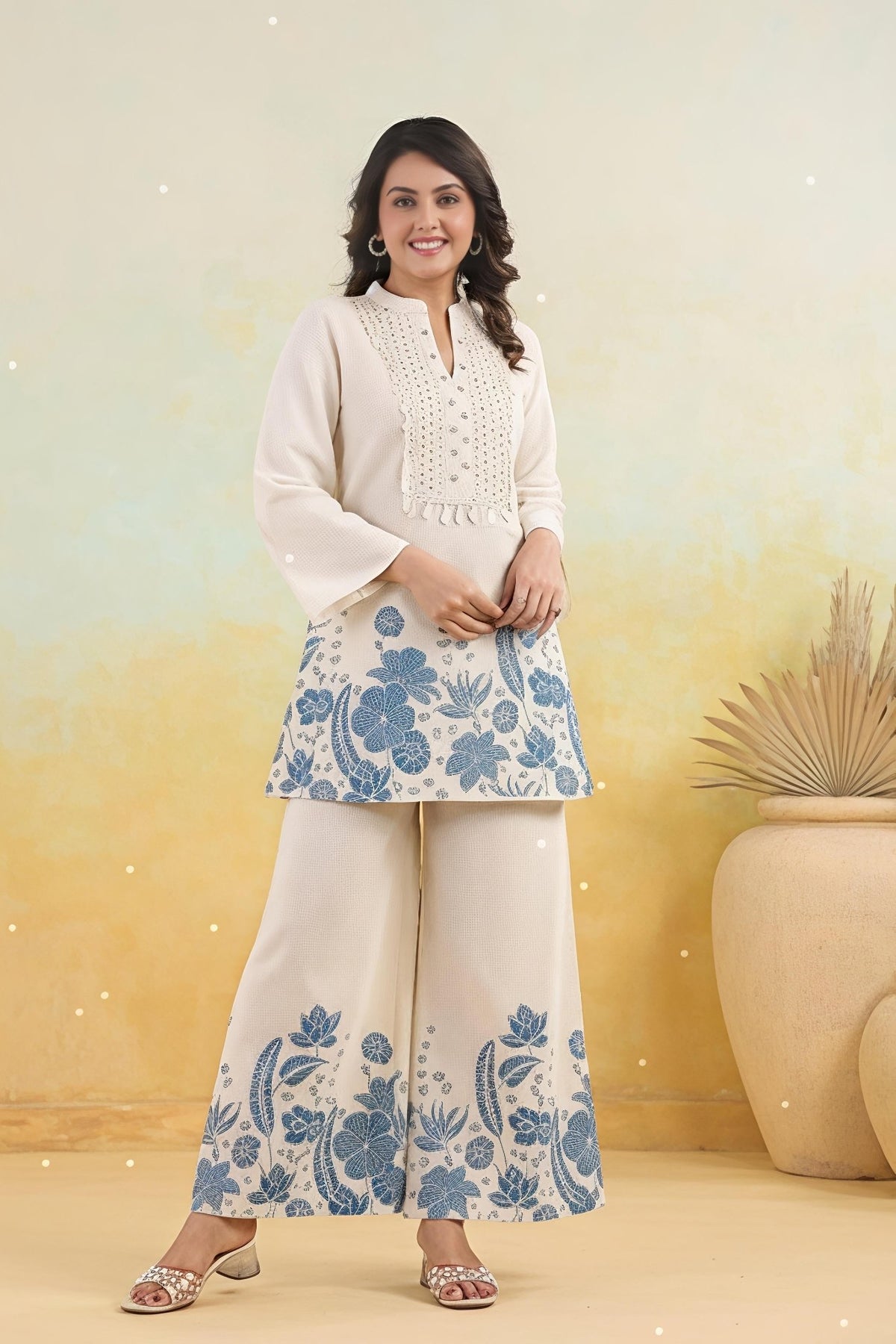 Elegant Off-White Printed Kurta Set with Wide-Leg Palazzo(SWSK48) - SortedMart