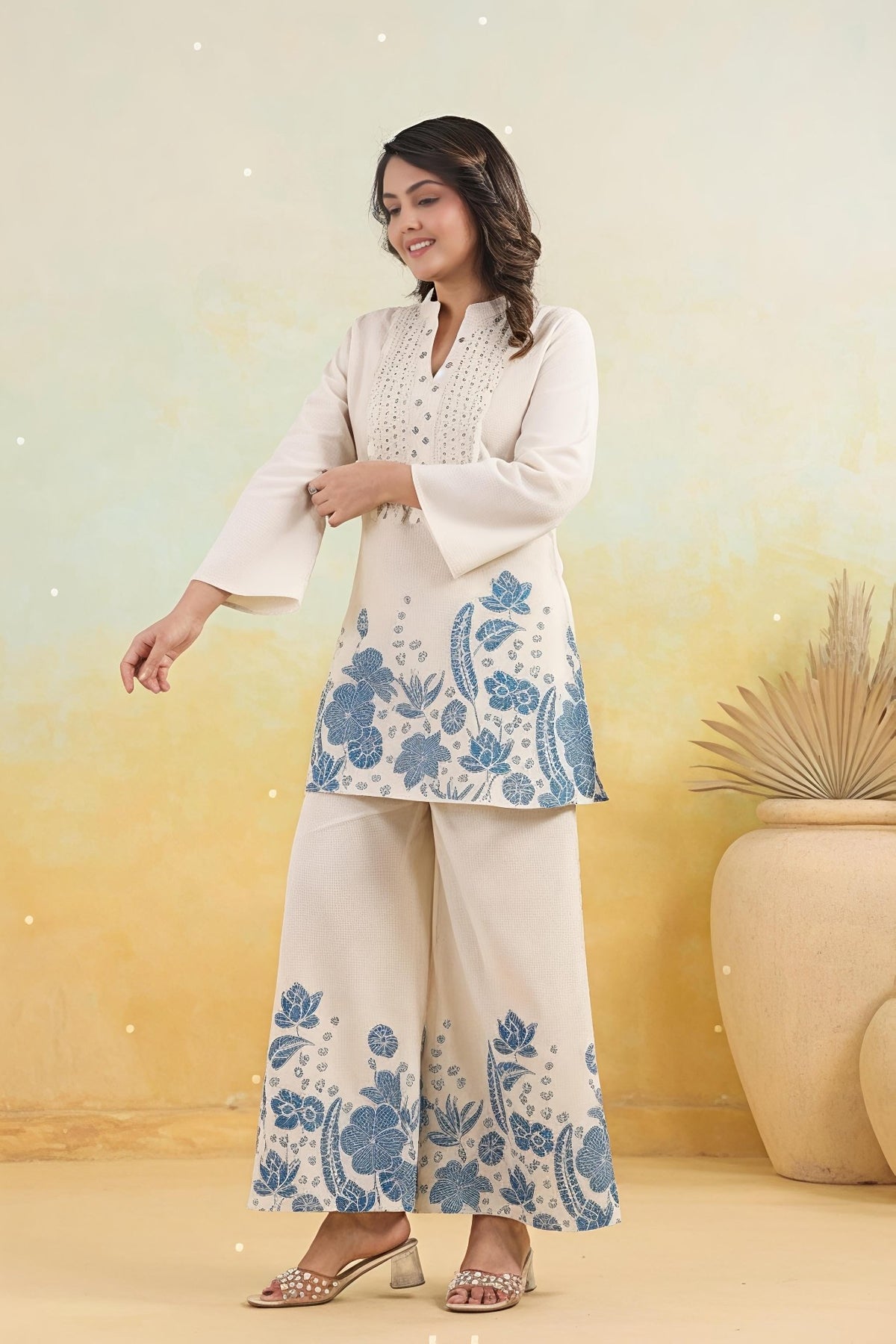 Elegant Off-White Printed Kurta Set with Wide-Leg Palazzo(SWSK48) - SortedMart