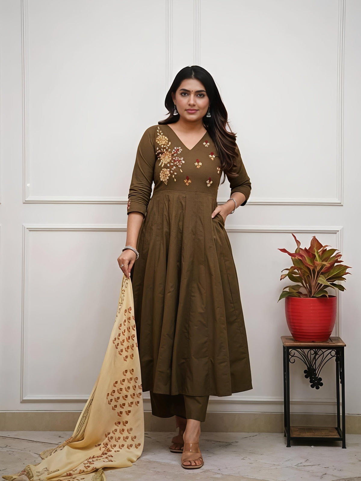 Elegant Olive Green Embroidered Anarkali Kurta Set with Printed Dupatta(SWSK47) - SortedMart