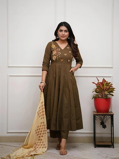 Elegant Olive Green Embroidered Anarkali Kurta Set with Printed Dupatta(SWSK47) - SortedMart