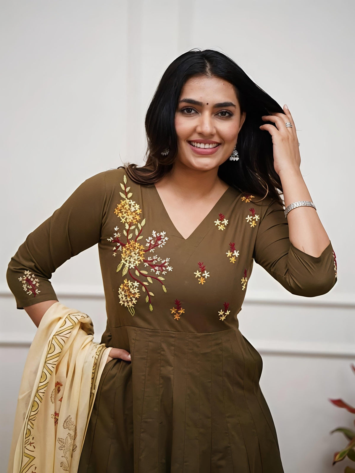 Elegant Olive Green Embroidered Anarkali Kurta Set with Printed Dupatta(SWSK47) - SortedMart