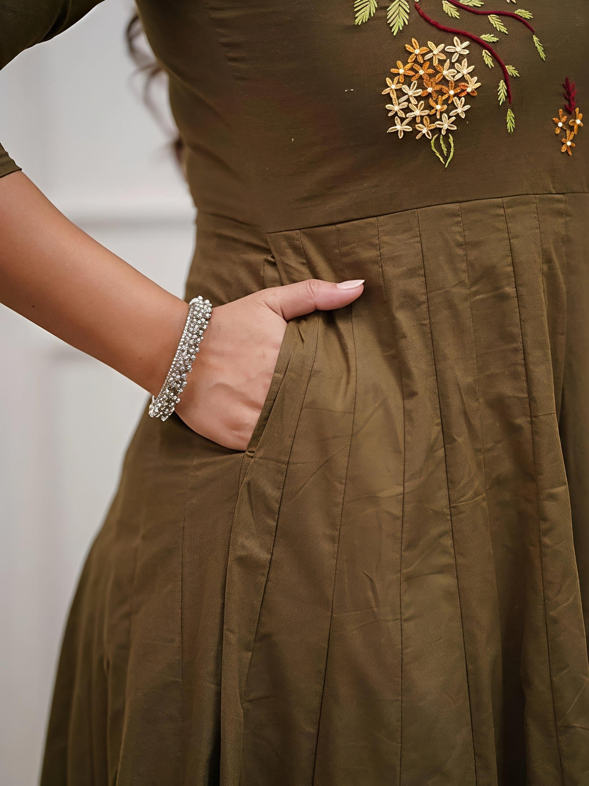 Elegant Olive Green Embroidered Anarkali Kurta Set with Printed Dupatta(SWSK47) - SortedMart