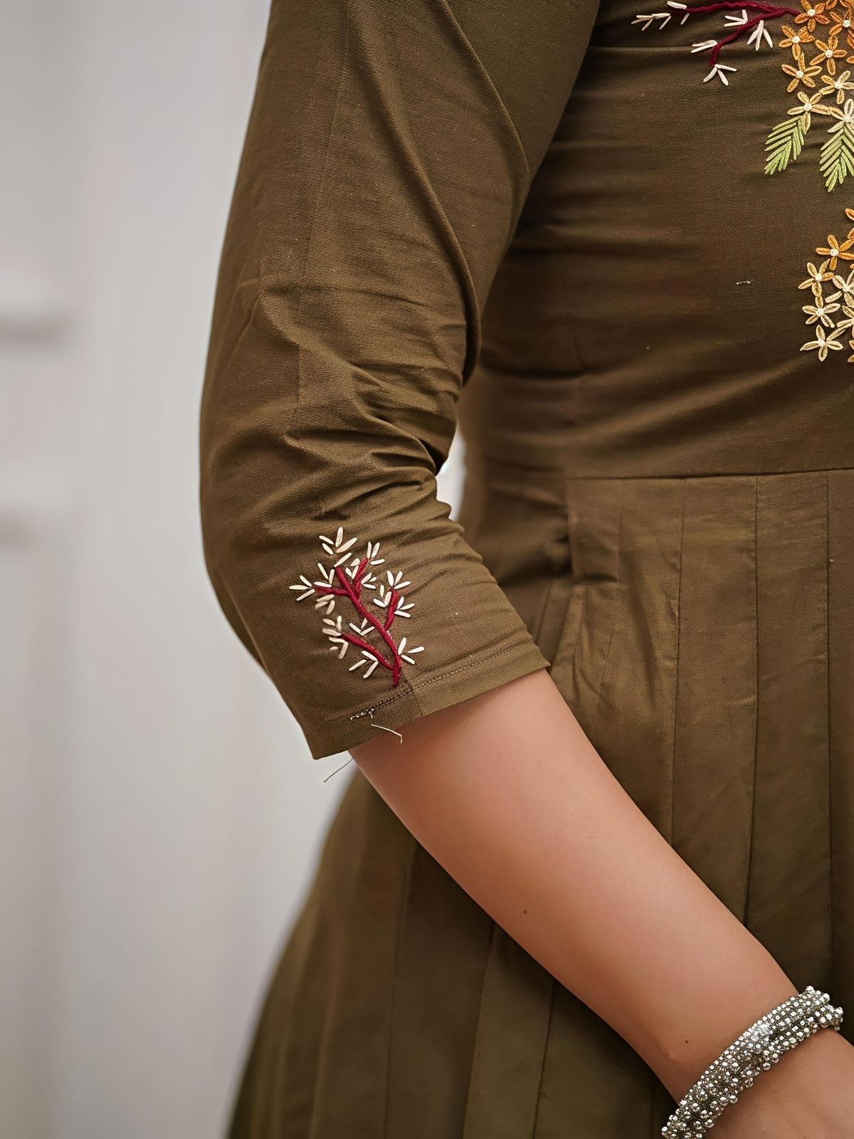 Elegant Olive Green Embroidered Anarkali Kurta Set with Printed Dupatta(SWSK47) - SortedMart