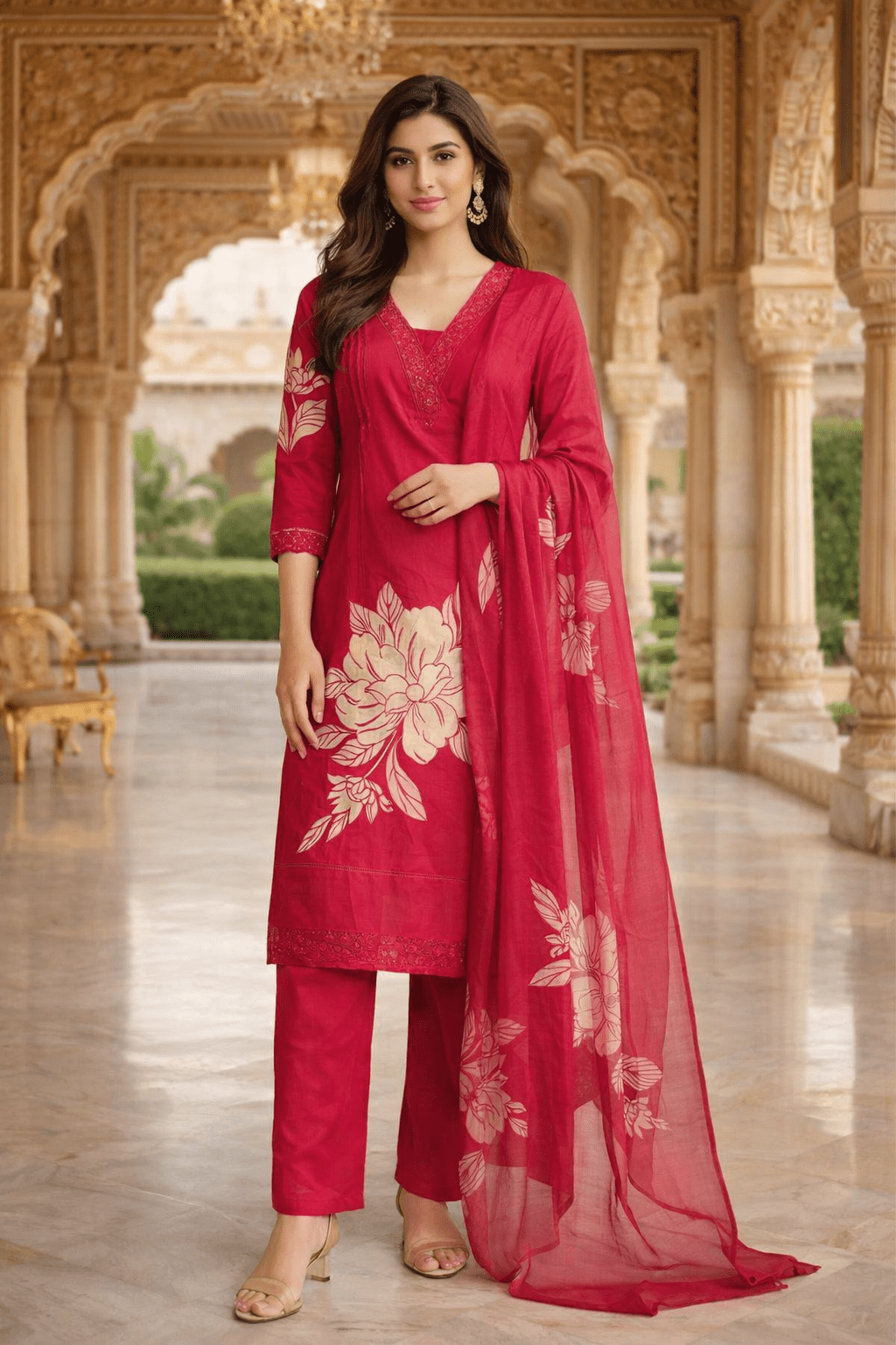 Elegant Red Floral Printed Kurta Set with Dupatta (SWDH16) - SortedMart