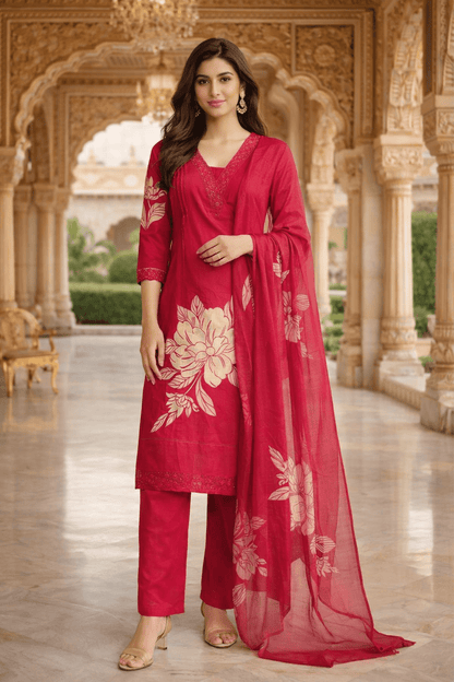 Elegant Red Floral Printed Kurta Set with Dupatta (SWDH16) - SortedMart