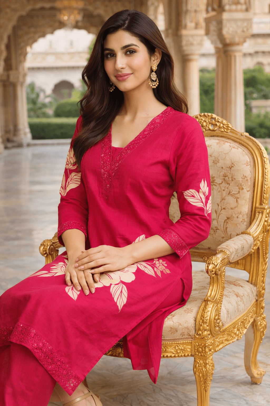 Elegant Red Floral Printed Kurta Set with Dupatta (SWDH16) - SortedMart