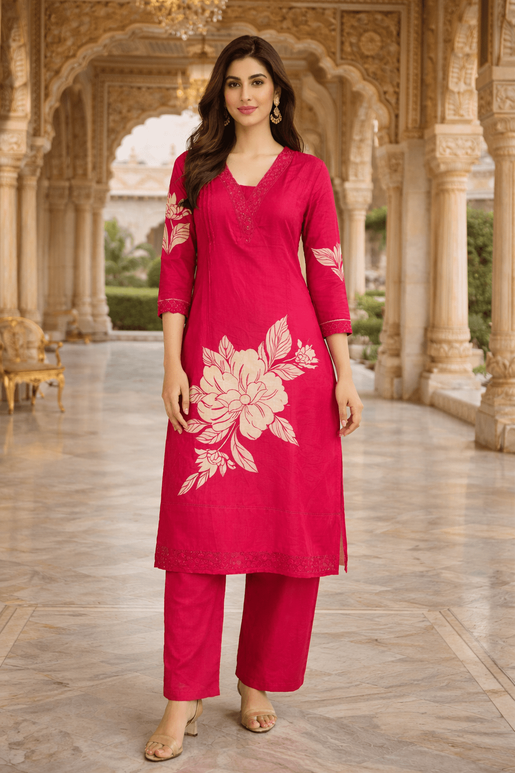 Elegant Red Floral Printed Kurta Set with Dupatta (SWDH16) - SortedMart
