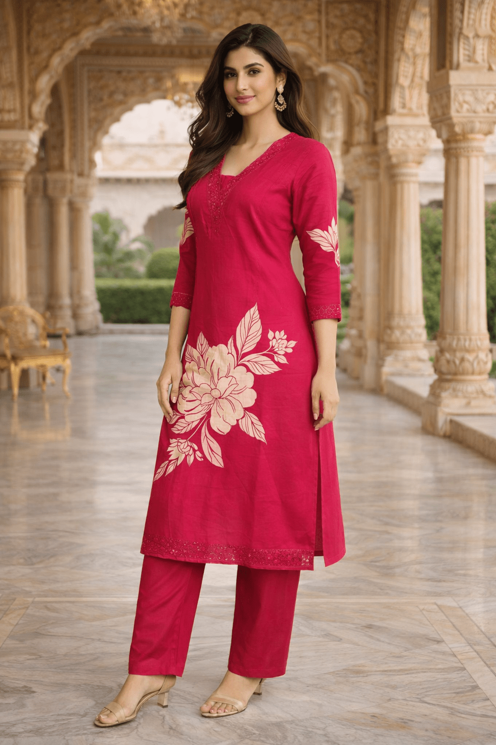 Elegant Red Floral Printed Kurta Set with Dupatta (SWDH16) - SortedMart