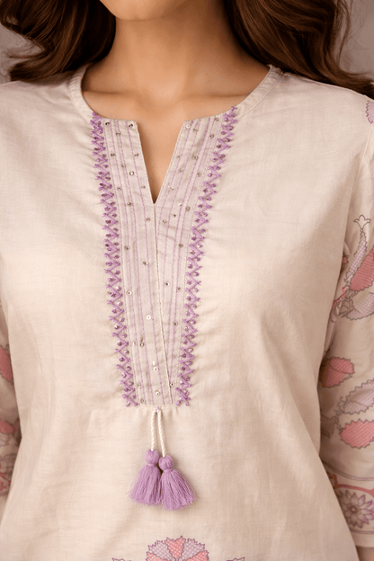 Ivory Floral Printed Kurta Set with Matching Dupatta for Women (SWDH14) - SortedMart