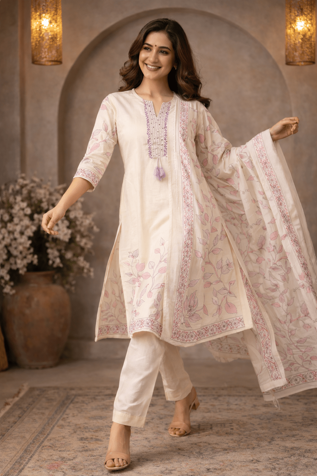 Ivory Floral Printed Kurta Set with Matching Dupatta for Women (SWDH14) - SortedMart