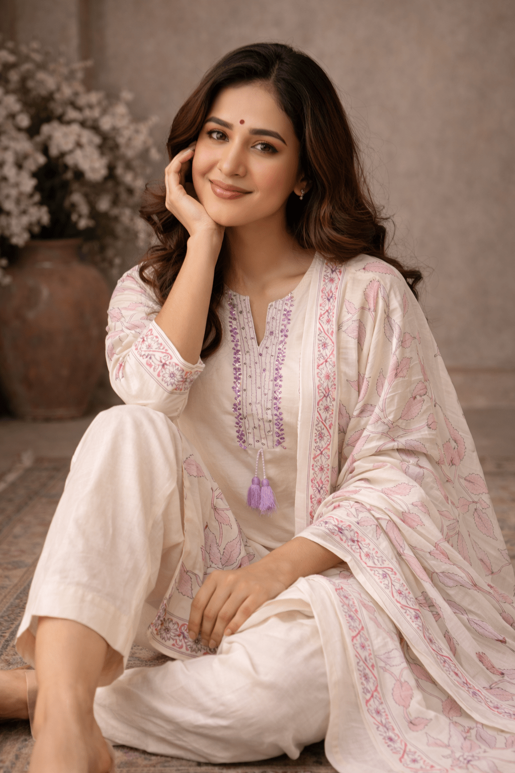 Ivory Floral Printed Kurta Set with Matching Dupatta for Women (SWDH14) - SortedMart