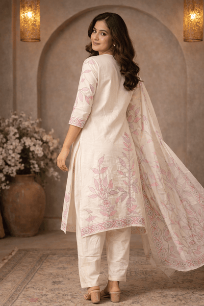 Ivory Floral Printed Kurta Set with Matching Dupatta for Women (SWDH14) - SortedMart