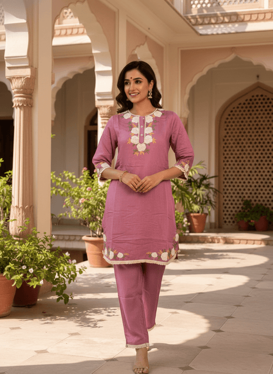 Mauve Floral Embroidered Kurta Set (SWDH20) - SortedMart