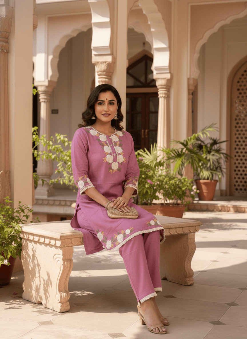 Mauve Floral Embroidered Kurta Set (SWDH20) - SortedMart