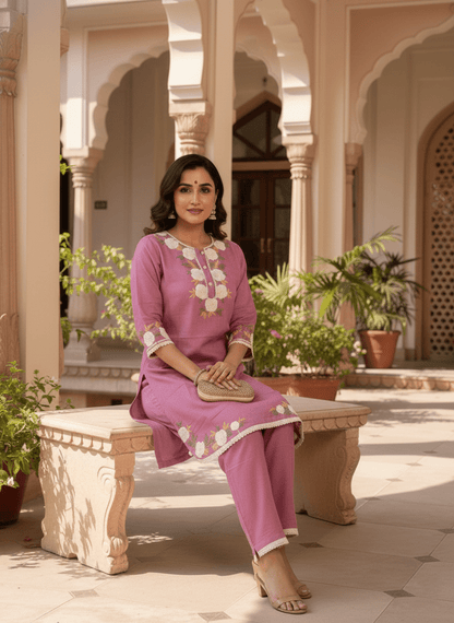 Mauve Floral Embroidered Kurta Set (SWDH20) - SortedMart