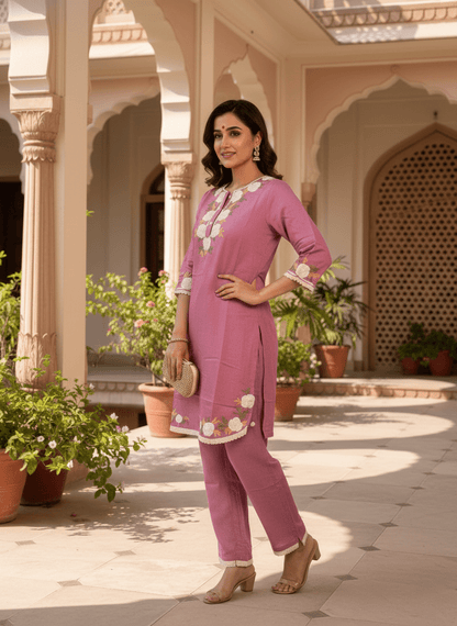 Mauve Floral Embroidered Kurta Set (SWDH20) - SortedMart