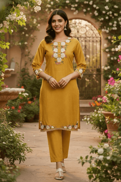 Mustard Yellow Floral Embroidered Kurta Set (SWDH21) - SortedMart