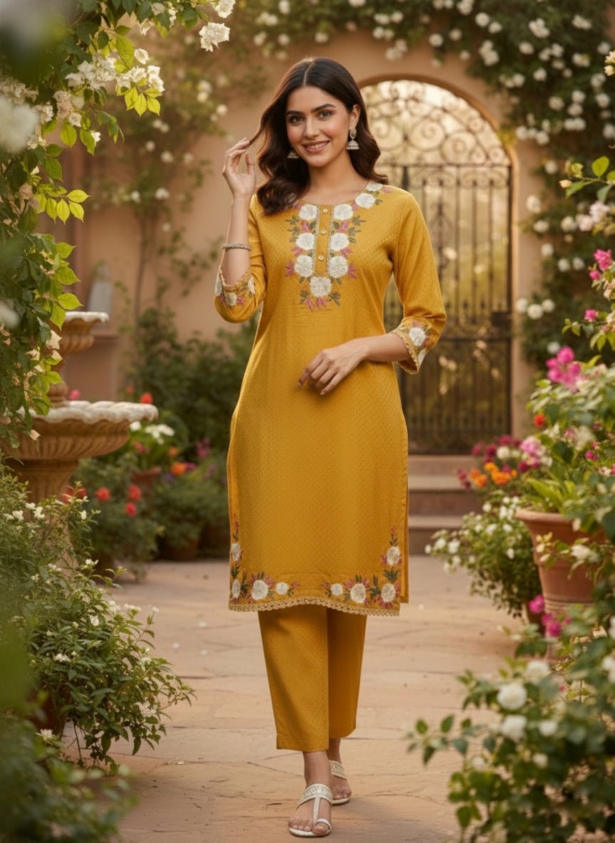 Mustard Yellow Floral Embroidered Kurta Set (SWDH21) - SortedMart