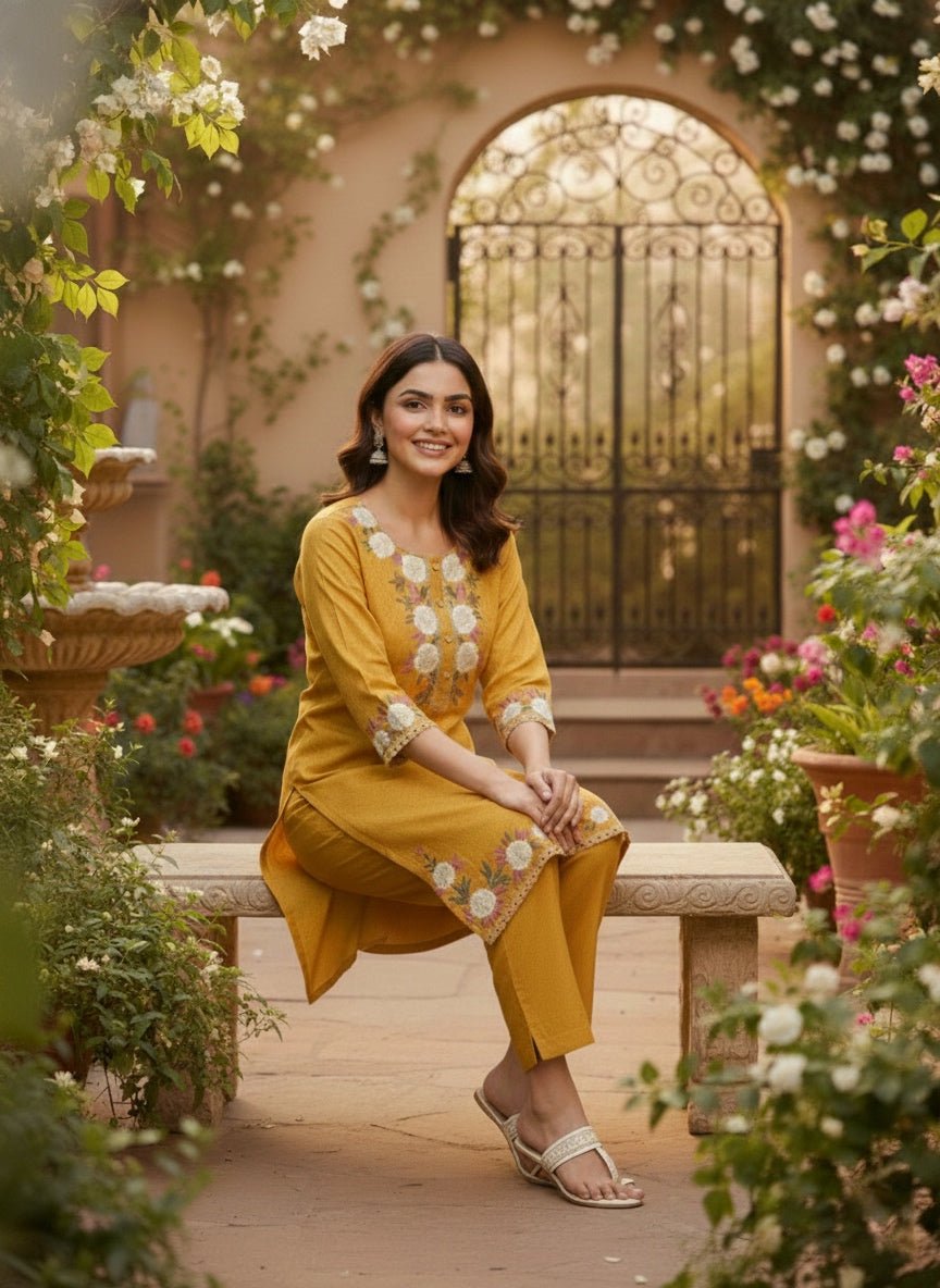 Mustard Yellow Floral Embroidered Kurta Set (SWDH21) - SortedMart