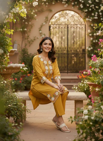 Mustard Yellow Floral Embroidered Kurta Set (SWDH21) - SortedMart