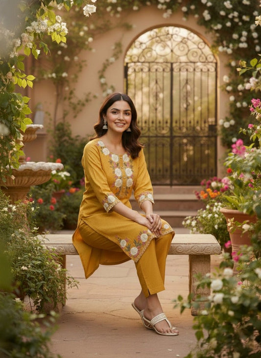 Mustard Yellow Floral Embroidered Kurta Set (SWDH21) - SortedMart