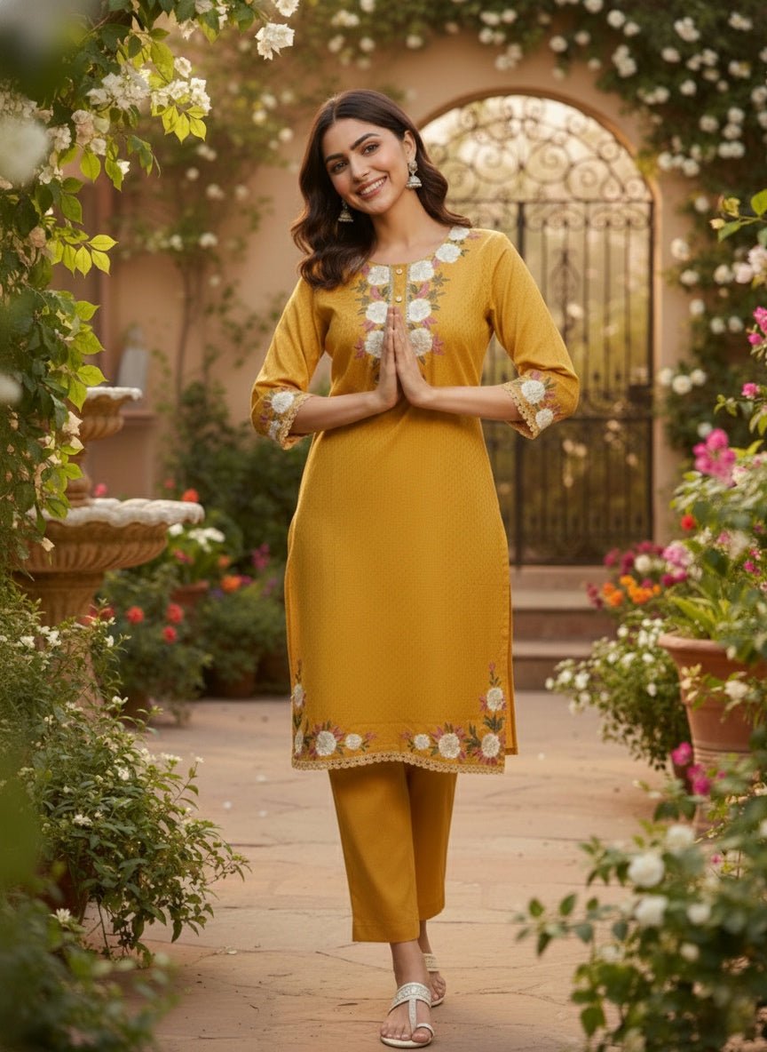 Mustard Yellow Floral Embroidered Kurta Set (SWDH21) - SortedMart
