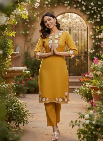 Mustard Yellow Floral Embroidered Kurta Set (SWDH21) - SortedMart