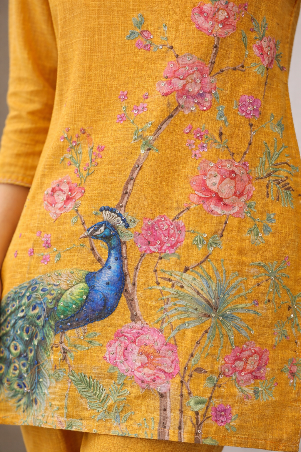 Mustard Yellow Floral & Peacock Printed Kurta Pant Set (SWDH25) - SortedMart