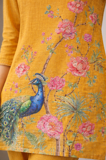 Mustard Yellow Floral & Peacock Printed Kurta Pant Set (SWDH25) - SortedMart