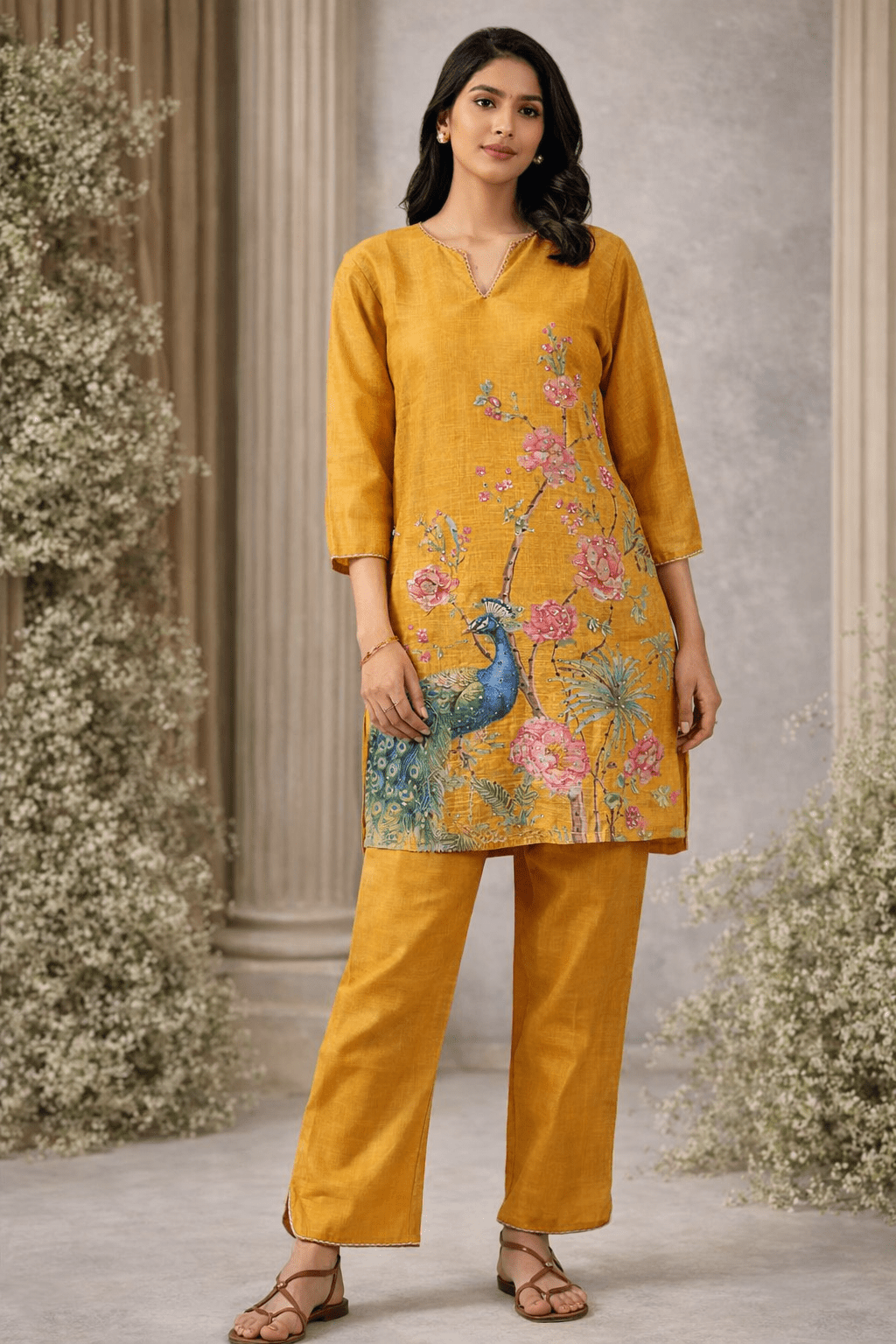 Mustard Yellow Floral & Peacock Printed Kurta Pant Set (SWDH25) - SortedMart