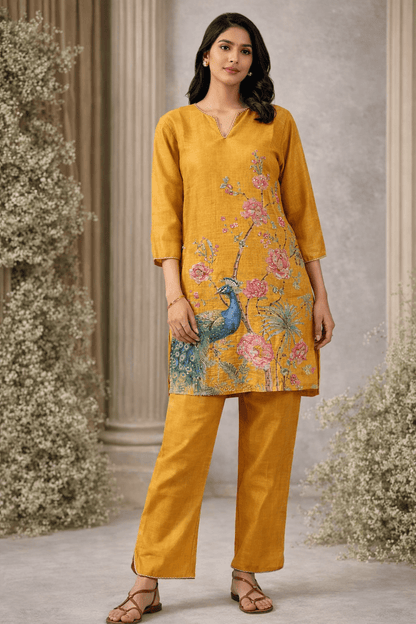 Mustard Yellow Floral & Peacock Printed Kurta Pant Set (SWDH25) - SortedMart